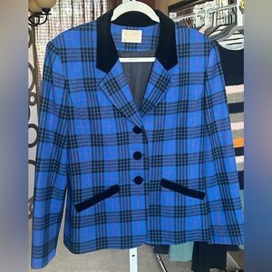 RARE Vintage Pendleton Wool Blazer Blue Plaid Velvet Trim USA Size 12
